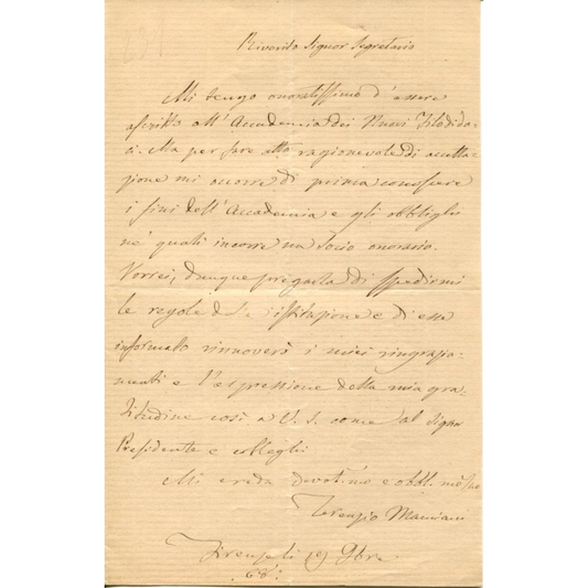 TERENZIO MAMIANI · Lettera autografa firmata · 1868