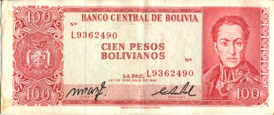 100 PESOS BOLIVIANOS "SIMÓN BOLÍVAR" · Bolivia · 1962